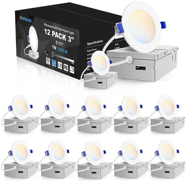 Main image of 12 Pack 3 inch Recessed Lighting, 5CCT, 2700K-5000K Selectable LED Recessed Light with Junction Box, Dimmable Canless Wafer Downlight, LED Ceiling Light ETL Certificated