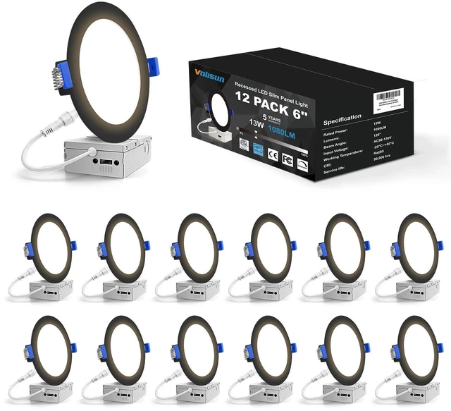 Main image of 12 Pack 6 inch Recessed Lighting, 5CCT, 3W Eqv 120W, 1080LM LED Recessed Light Black, 2700K-5000K Selectable, 1Dimmable Canless Wafer Downlight, LED Ceiling Light ETL Certificated