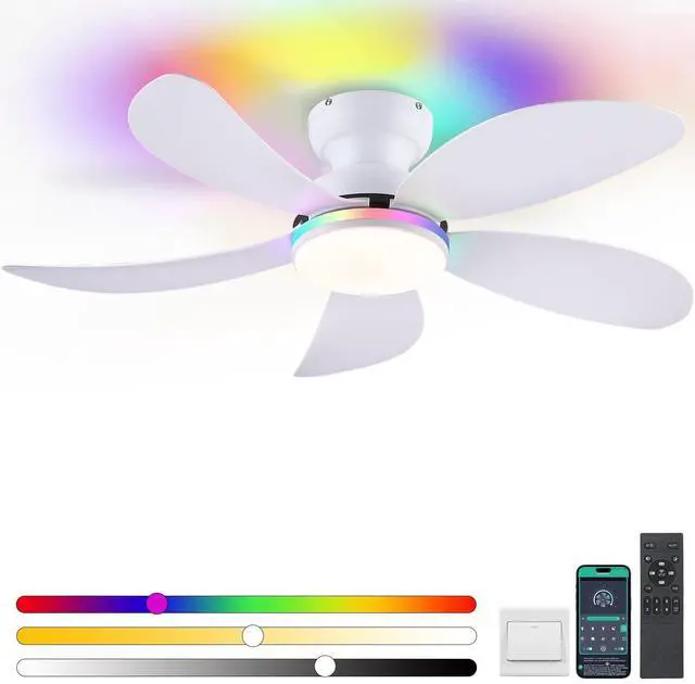 Main image of 42" White Modern Low Profile RGB Ceiling Fans with Lights and Remote 14 RGB Modes,Supports Remote and APP,6 Wind Speeds, Reversible, Dimmable 3 CCT LED, 30W DC Motor,Suits for Bedroom Kidsroom