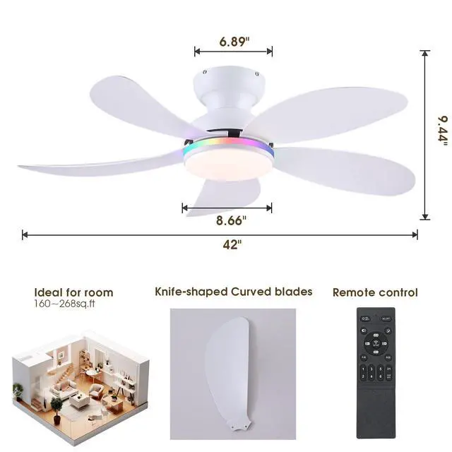 Alt view image 2 of 7 - 42" White Modern Low Profile RGB Ceiling Fans with Lights and Remote 14 RGB Modes,Supports Remote and APP,6 Wind Speeds, Reversible, Dimmable 3 CCT LED, 30W DC Motor,Suits for Bedroom Kidsroom