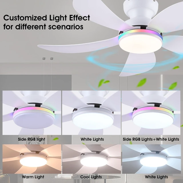 Alt view image 3 of 7 - 42" White Modern Low Profile RGB Ceiling Fans with Lights and Remote 14 RGB Modes,Supports Remote and APP,6 Wind Speeds, Reversible, Dimmable 3 CCT LED, 30W DC Motor,Suits for Bedroom Kidsroom