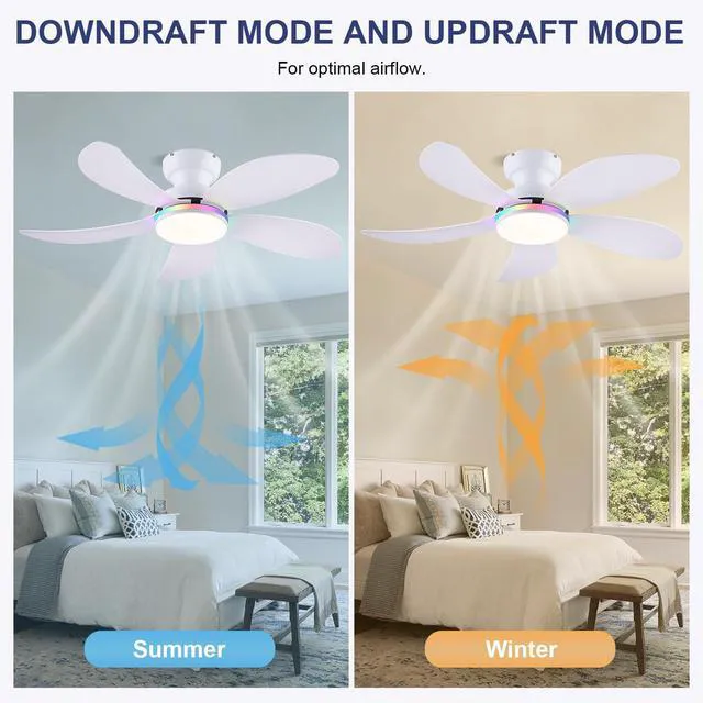 Alt view image 4 of 7 - 42" White Modern Low Profile RGB Ceiling Fans with Lights and Remote 14 RGB Modes,Supports Remote and APP,6 Wind Speeds, Reversible, Dimmable 3 CCT LED, 30W DC Motor,Suits for Bedroom Kidsroom