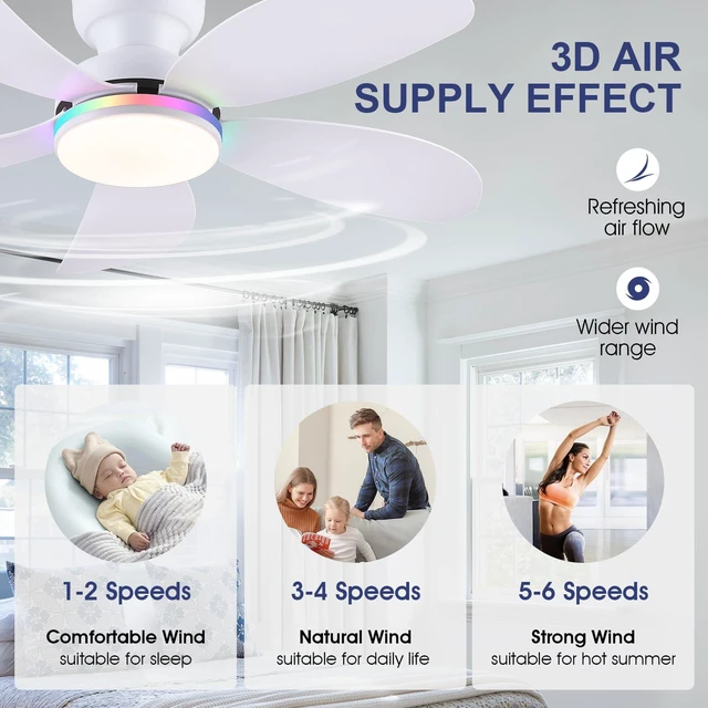 Alt view image 5 of 7 - 42" White Modern Low Profile RGB Ceiling Fans with Lights and Remote 14 RGB Modes,Supports Remote and APP,6 Wind Speeds, Reversible, Dimmable 3 CCT LED, 30W DC Motor,Suits for Bedroom Kidsroom
