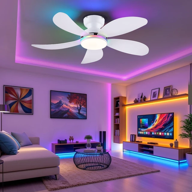 Alt view image 7 of 7 - 42" White Modern Low Profile RGB Ceiling Fans with Lights and Remote 14 RGB Modes,Supports Remote and APP,6 Wind Speeds, Reversible, Dimmable 3 CCT LED, 30W DC Motor,Suits for Bedroom Kidsroom