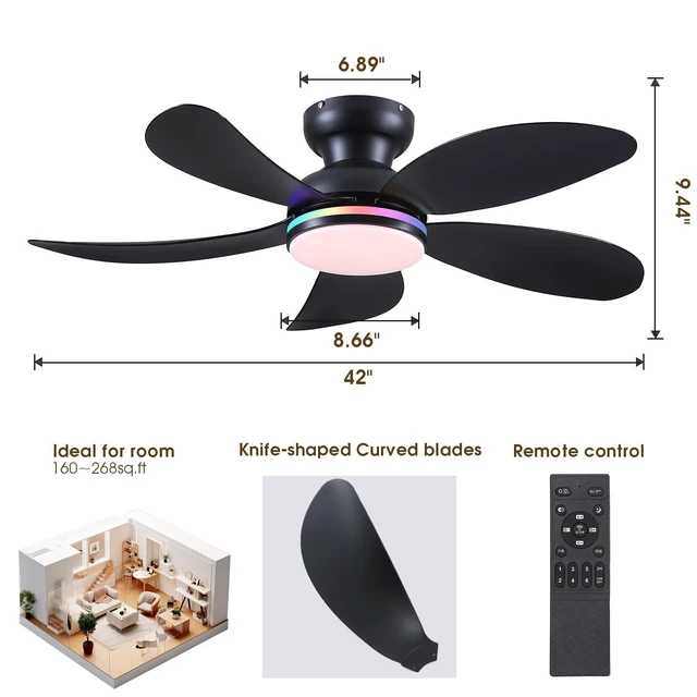 Alt view image 2 of 7 - 42" Black Modern Low Profile RGB Ceiling Fans with Lights and Remote 14 RGB Modes,Supports Remote and APP,6 Wind Speeds, Reversible, Dimmable 3 CCT LED, 30W DC Motor,Suits for Bedroom Kidsroom