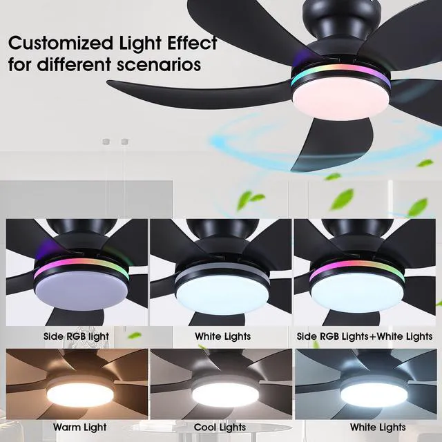 Alt view image 3 of 7 - 42" Black Modern Low Profile RGB Ceiling Fans with Lights and Remote 14 RGB Modes,Supports Remote and APP,6 Wind Speeds, Reversible, Dimmable 3 CCT LED, 30W DC Motor,Suits for Bedroom Kidsroom