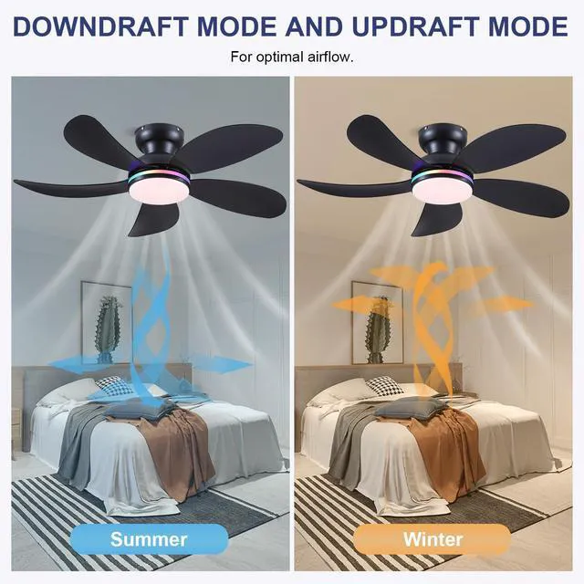 Alt view image 4 of 7 - 42" Black Modern Low Profile RGB Ceiling Fans with Lights and Remote 14 RGB Modes,Supports Remote and APP,6 Wind Speeds, Reversible, Dimmable 3 CCT LED, 30W DC Motor,Suits for Bedroom Kidsroom
