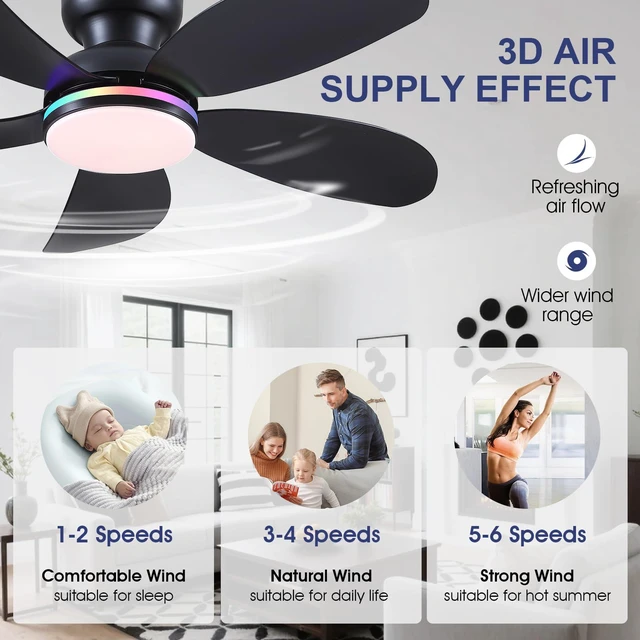 Alt view image 5 of 7 - 42" Black Modern Low Profile RGB Ceiling Fans with Lights and Remote 14 RGB Modes,Supports Remote and APP,6 Wind Speeds, Reversible, Dimmable 3 CCT LED, 30W DC Motor,Suits for Bedroom Kidsroom