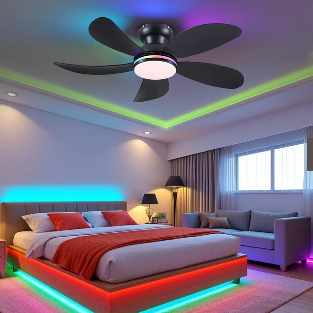 Alt view image 7 of 7 - 42" Black Modern Low Profile RGB Ceiling Fans with Lights and Remote 14 RGB Modes,Supports Remote and APP,6 Wind Speeds, Reversible, Dimmable 3 CCT LED, 30W DC Motor,Suits for Bedroom Kidsroom