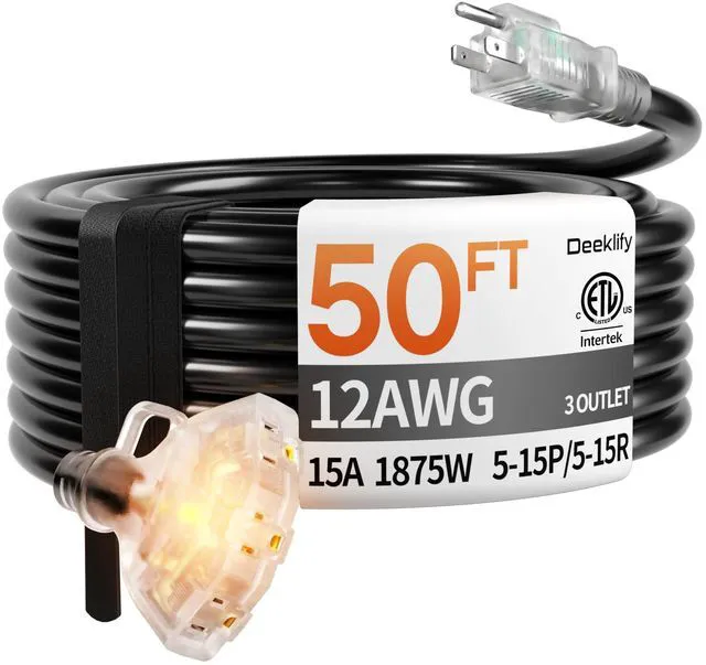 Main image of 50FT 12 Gauge Black Outdoor Extension Cord with Multiple Outlets 3 Outlet Black Extension Cord 50 Feet, Indicator Light & Hook, Flexible Waterproof SJTW, 15A 1875W, ETL Listed, Home/Garden