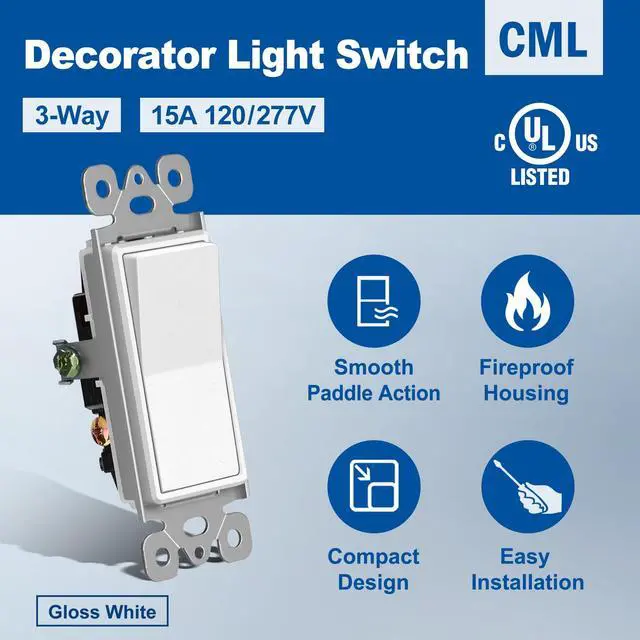 Alt view image 2 of 7 - 3 Way Decorator Paddle Rocker Wall Light Switch, Single Pole or Three Way, 15A 120/277V, Gloss White
