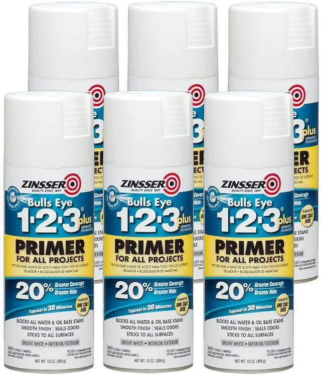 Main image of Bulls Eye 1-2-3 Plus Spray Primer, White, 13oz, 6-Pack Bulls Eye 1-2-3 Plus spray primer, 13oz, White. High-hide stain-blocking spray primer for all surfaces; bonds without