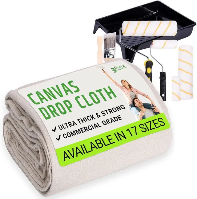 Main image of All Purpose Canvas Drop Cloth 4x12, Canvas Tarp for Painting, Bundle with Painting Tool Kit with Roller Covers, Roller Frames, Brushes and Tray for Household Painting, Cabinets and Crafts (11-Piece)
