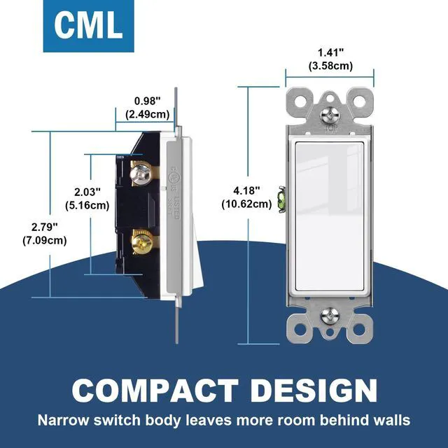 Alt view image 5 of 7 - 3 Way Decorator Paddle Rocker Wall Light Switch, Single Pole or Three Way, 15A 120/277V, Gloss White