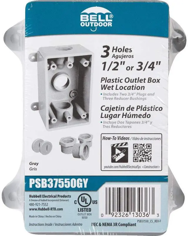 Alt view image 6 of 6 - PSB37550GY Single-Gang Weatherproof Three 1/2". or 3/4 in. Threaded Outlets,2 in,Gray,(Pack of 8)