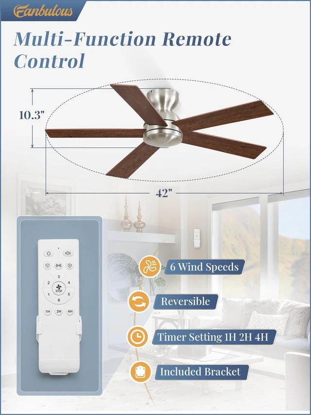 Alt view image 2 of 7 - 42 Inch Brushed Nickel Ceiling Fan without Lights, Modern, Remote 6 Speeds, Reversible DC Motor, Quiet Airflow, Small Ceiling Fans for Bedroom, Kitchen, Living Room, Covered Patio