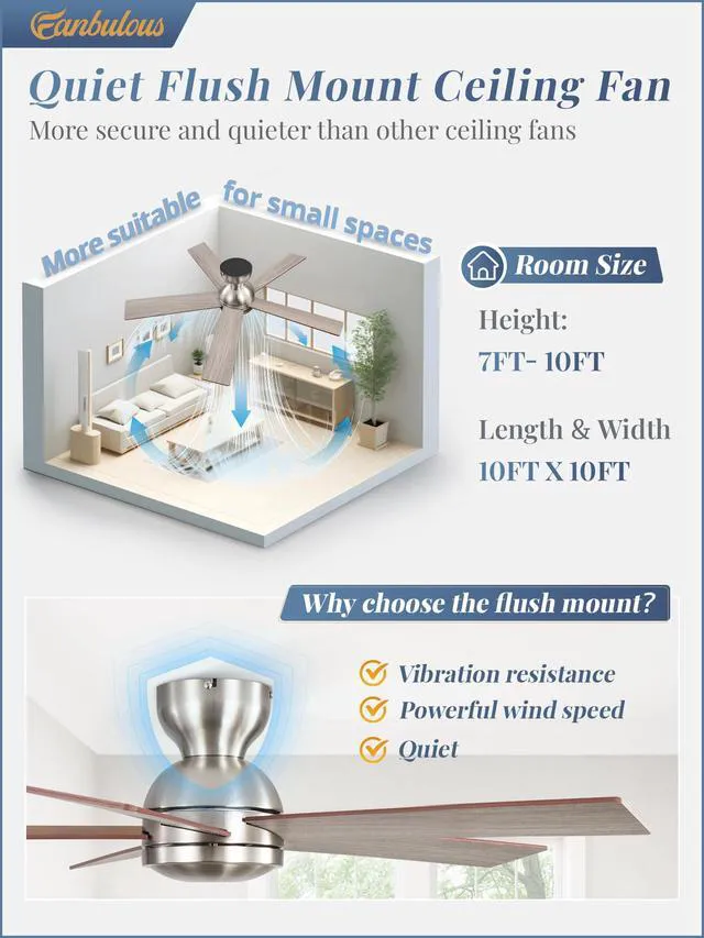 Alt view image 3 of 7 - 42 Inch Brushed Nickel Ceiling Fan without Lights, Modern, Remote 6 Speeds, Reversible DC Motor, Quiet Airflow, Small Ceiling Fans for Bedroom, Kitchen, Living Room, Covered Patio