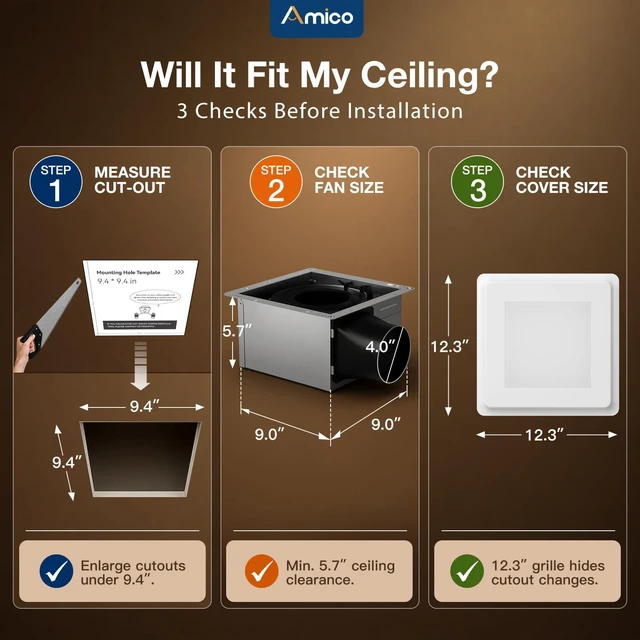 Alt view image 2 of 7 - Bathroom Exhaust Fan with Light, 110 CFM, 1.0 Sones, 5CCT, 1000LM Easy Install, Ceiling Opening 9.4'' x 9.4'', Ceiling Mount Shower Bathroom Fan, Household Ventilation Fan, ETL & FCC