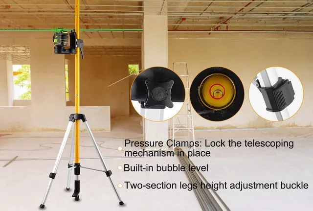Alt view image 5 of 7 - 12 ft Telescoping Laser Level Pole with Tripod and Mounting Clamp 1/4"-20 & 5/8"-11 Threaded Mounts, 360° Fine-tuning Adjustable Bracket, Point & Line Laser Compatible