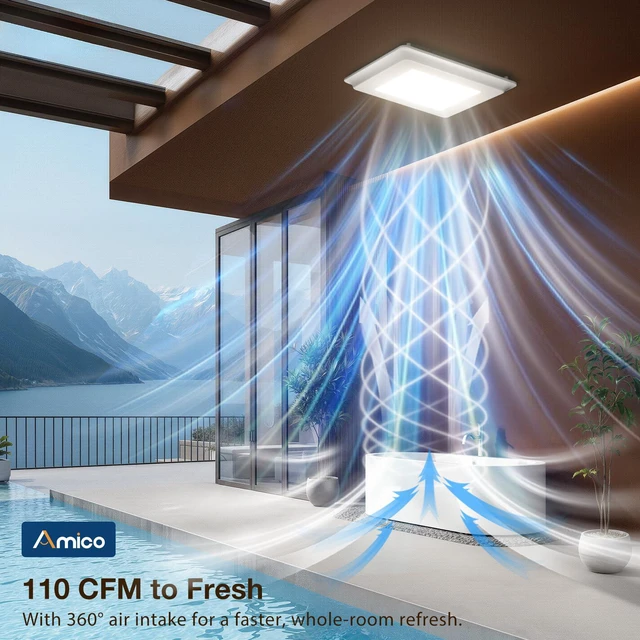 Alt view image 4 of 7 - Bathroom Exhaust Fan with Light, 110 CFM, 1.0 Sones, 5CCT, 1000LM Easy Install, Ceiling Opening 9.4'' x 9.4'', Ceiling Mount Shower Bathroom Fan, Household Ventilation Fan, ETL & FCC