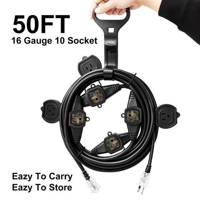 Alt view image 4 of 7 - 50FT Outdoor Extension Cord, 16 Gauge SJTW 5-15R Cable Male Plug to Female Connector,10 Evenly-Spaced Outlets Plug,Suitable for Stage Setting or outdor