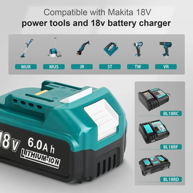 Alt view image 3 of 7 - 2 Pack 18V 6.0Ah Battery with DC18RC Charger Replace for Makita Batteries Long runtime,LCD display with cooling fan USB port charger,stable performance,safety protection,compatible with Makita tools