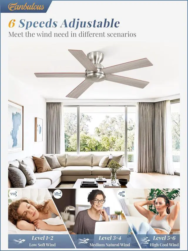Alt view image 4 of 7 - 42 Inch Brushed Nickel Ceiling Fan without Lights, Modern, Remote 6 Speeds, Reversible DC Motor, Quiet Airflow, Small Ceiling Fans for Bedroom, Kitchen, Living Room, Covered Patio