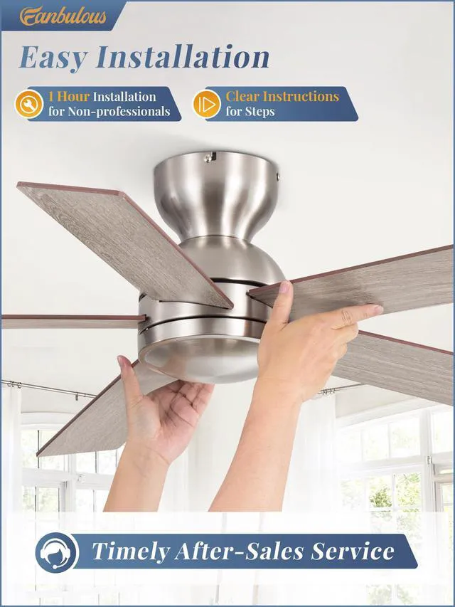 Alt view image 7 of 7 - 42 Inch Brushed Nickel Ceiling Fan without Lights, Modern, Remote 6 Speeds, Reversible DC Motor, Quiet Airflow, Small Ceiling Fans for Bedroom, Kitchen, Living Room, Covered Patio
