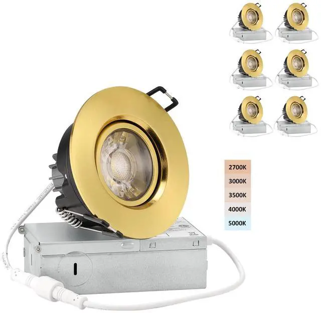 Main image of 3 Inch Gimbal LED Recessed Lights 6 Pack,Adjustable Downlight, Gold Shiny Gold,360°Rotatable,Die-cast Aluminum,8W 851LM,Premium Canless Spotlight,5CCT 2700K-5000K,5-100% Dimmable,30°Tilt,ETL