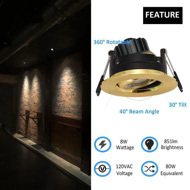 Alt view image 2 of 7 - 3 Inch Gimbal LED Recessed Lights 6 Pack,Adjustable Downlight, Gold Shiny Gold,360°Rotatable,Die-cast Aluminum,8W 851LM,Premium Canless Spotlight,5CCT 2700K-5000K,5-100% Dimmable,30°Tilt,ETL