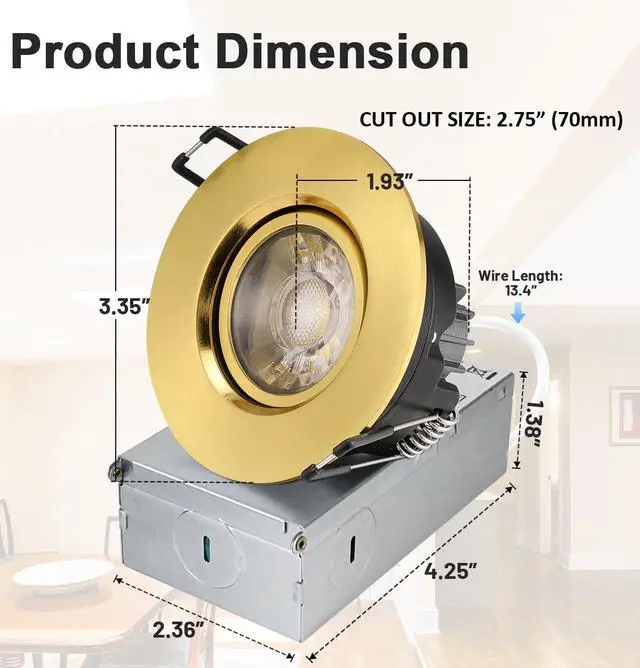 Alt view image 5 of 7 - 3 Inch Gimbal LED Recessed Lights 6 Pack,Adjustable Downlight, Gold Shiny Gold,360°Rotatable,Die-cast Aluminum,8W 851LM,Premium Canless Spotlight,5CCT 2700K-5000K,5-100% Dimmable,30°Tilt,ETL