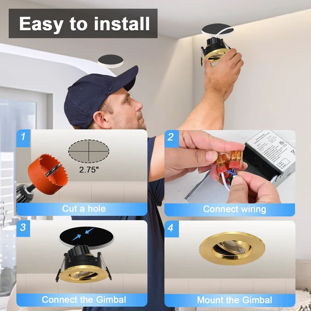 Alt view image 6 of 7 - 3 Inch Gimbal LED Recessed Lights 6 Pack,Adjustable Downlight, Gold Shiny Gold,360°Rotatable,Die-cast Aluminum,8W 851LM,Premium Canless Spotlight,5CCT 2700K-5000K,5-100% Dimmable,30°Tilt,ETL