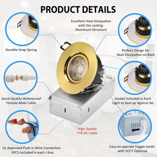 Alt view image 4 of 7 - 3 Inch Gimbal LED Recessed Lights 6 Pack,Adjustable Downlight, Gold Shiny Gold,360°Rotatable,Die-cast Aluminum,8W 851LM,Premium Canless Spotlight,5CCT 2700K-5000K,5-100% Dimmable,30°Tilt,ETL