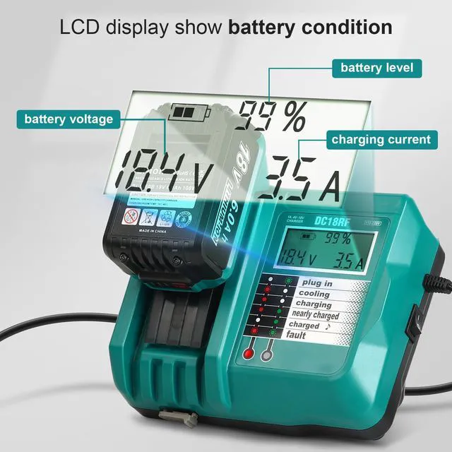 Alt view image 4 of 7 - 2 Pack 18V 6.0Ah Battery with DC18RC Charger Replace for Makita Batteries Long runtime,LCD display with cooling fan USB port charger,stable performance,safety protection,compatible with Makita tools