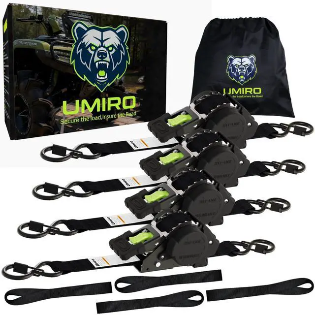 Main image of Retractable Ratchet Straps, 4-Pack, 1 Inch x 12 Feet Heavy Duty Tie Downs, 1760lb Break Strength, Self Retracting for Truck, Cargo, Trailer, Motorcycle, ATV, UTV (Black-Green, 4pack)