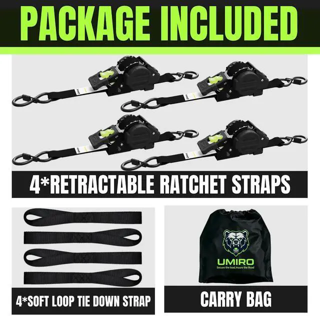 Alt view image 3 of 7 - Retractable Ratchet Straps, 4-Pack, 1 Inch x 12 Feet Heavy Duty Tie Downs, 1760lb Break Strength, Self Retracting for Truck, Cargo, Trailer, Motorcycle, ATV, UTV (Black-Green, 4pack)