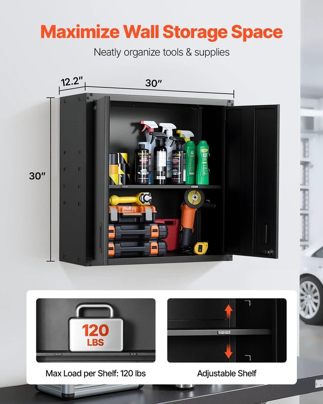 Alt view image 3 of 7 - Metal Wall Cabinet, 30W x 12.2D x 30H Inch, Steel Floating Hanging Storage Cabinet with Locking Doors and Adjustable Shelf for Garage, Basement, Kitchen, Warehouse Assembly Required, Black