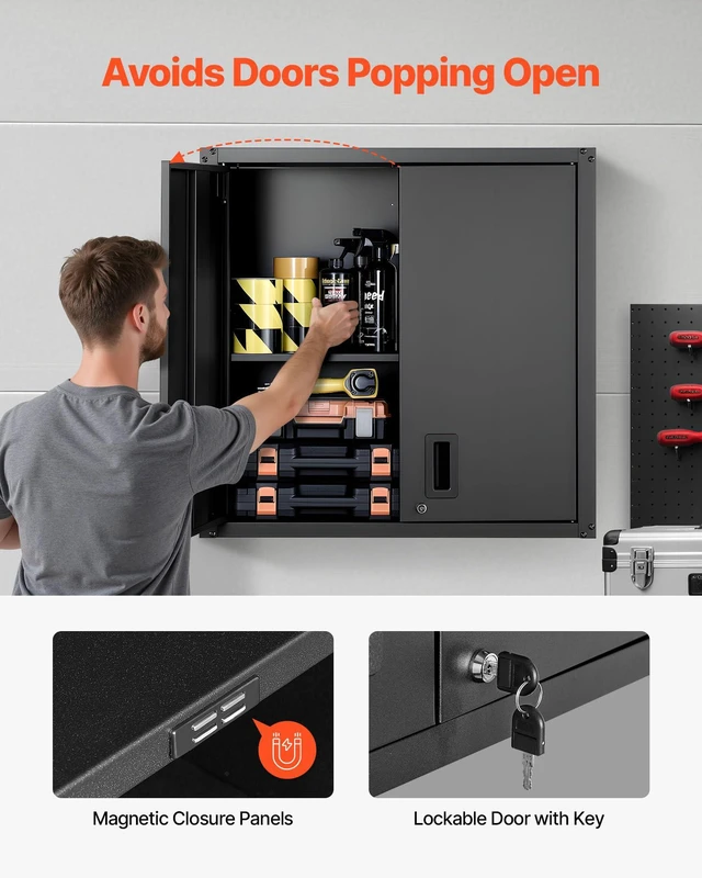 Alt view image 5 of 7 - Metal Wall Cabinet, 30W x 12.2D x 30H Inch, Steel Floating Hanging Storage Cabinet with Locking Doors and Adjustable Shelf for Garage, Basement, Kitchen, Warehouse Assembly Required, Black
