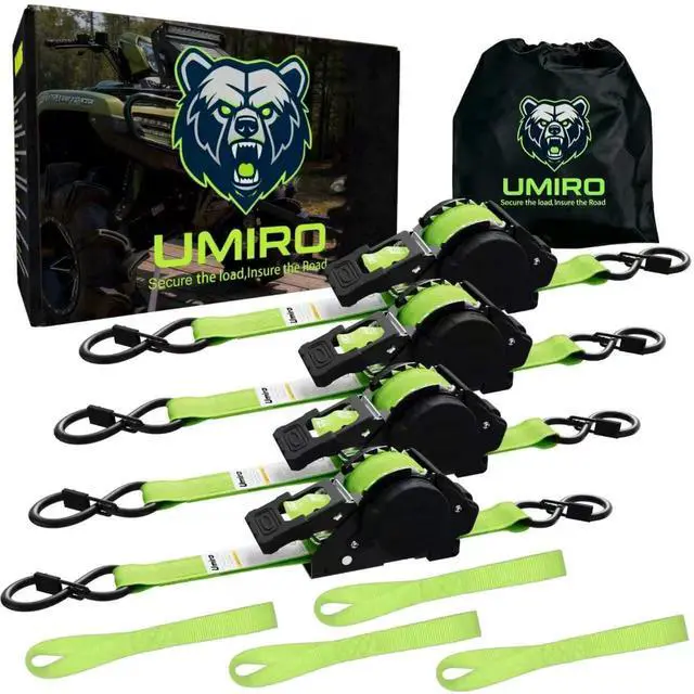 Main image of Retractable Ratchet Straps 1 Inch x 12 Feet Heavy Duty Tie Downs,1760lb Break Strength,Self Retracting for Truck,Cargo,Trailer,Motorcycle,ATV,UTV (Fluorescent Green, 4pack)