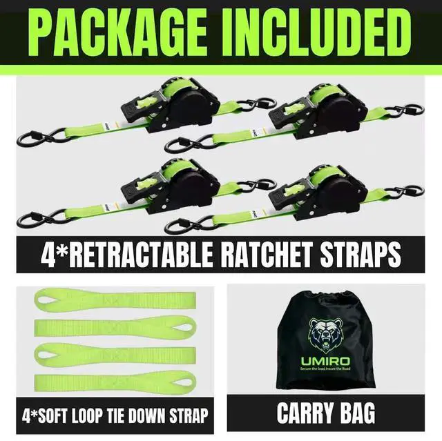 Alt view image 3 of 7 - Retractable Ratchet Straps 1 Inch x 12 Feet Heavy Duty Tie Downs,1760lb Break Strength,Self Retracting for Truck,Cargo,Trailer,Motorcycle,ATV,UTV (Fluorescent Green, 4pack)