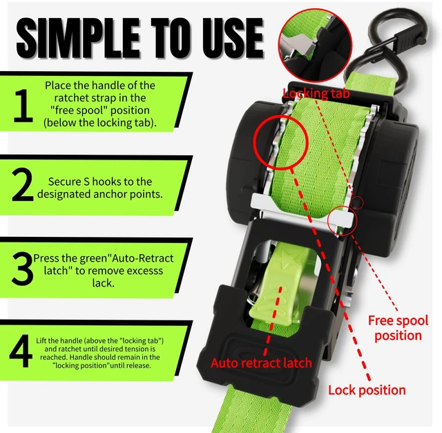 Alt view image 5 of 7 - Retractable Ratchet Straps 1 Inch x 12 Feet Heavy Duty Tie Downs,1760lb Break Strength,Self Retracting for Truck,Cargo,Trailer,Motorcycle,ATV,UTV (Fluorescent Green, 4pack)