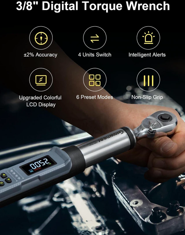 Alt view image 3 of 7 - Digital Torque Wrench, 5-99.6 Ft-lbs/6.8-135 Nm, 3/8'' Drive Rachet Torque Wrench with Buzzer & Colorful LED Indicator, Electronic Torque Wrench Set for Bike Motorcycle Car Tire Auto Repair