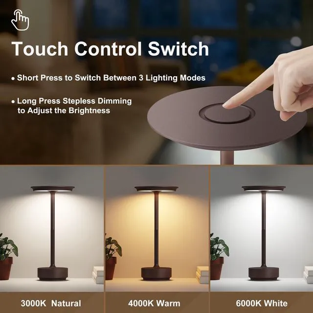 Alt view image 2 of 7 - 2 Pack Cordless Table Lamps Rechargeable, 5000mAh LED Table Light Portable 3 Color Stepless Dimming Battery Powered Table Lamp with Memory Function for Restaurant/Home/Outdoor.(Rust)