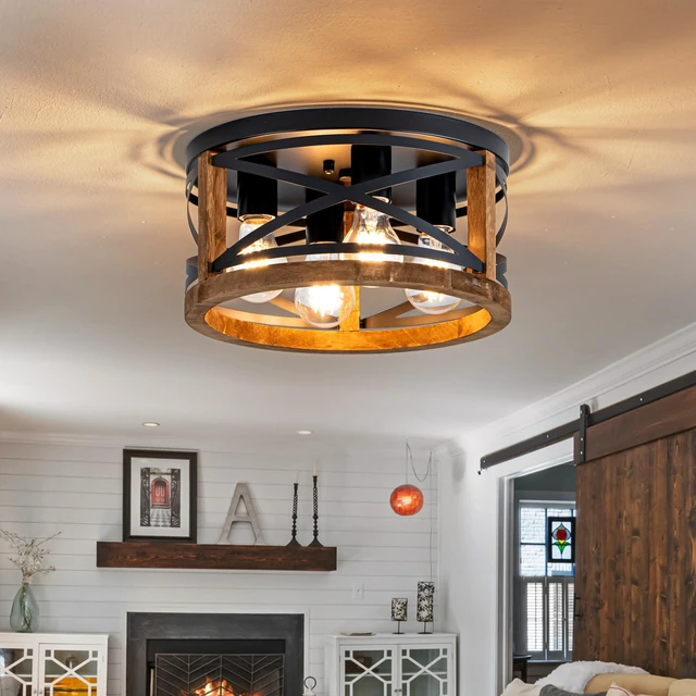Alt view image 2 of 7 - Farmhouse Light Fixtures, 4-Light Round Flush Mount Ceiling Light with Wood and Metal Frame, Black Rustic Ceiling Light for Hallway, Entryway, Bedroom, Kitchen