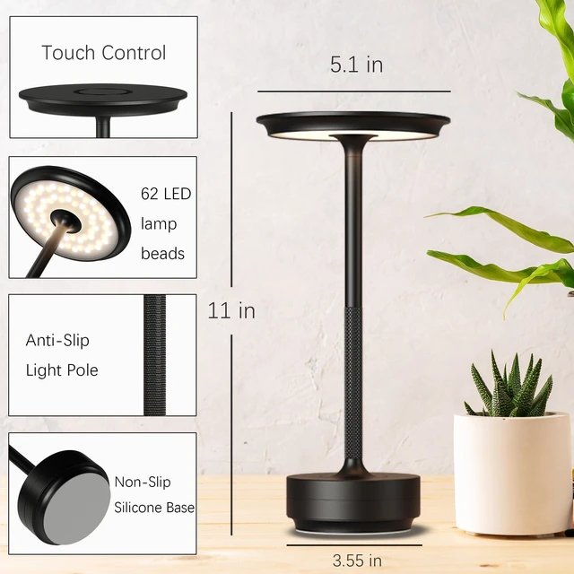 Alt view image 7 of 7 - 2 Pack Cordless Table Lamps Rechargeable, 5000mAh LED Table Light Portable 3 Color Stepless Dimming Battery Powered Table Lamp with Memory Function for Restaurant/Home/Outdoor.(Black)