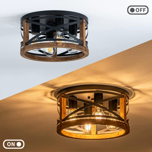 Alt view image 4 of 7 - Farmhouse Light Fixtures, 4-Light Round Flush Mount Ceiling Light with Wood and Metal Frame, Black Rustic Ceiling Light for Hallway, Entryway, Bedroom, Kitchen