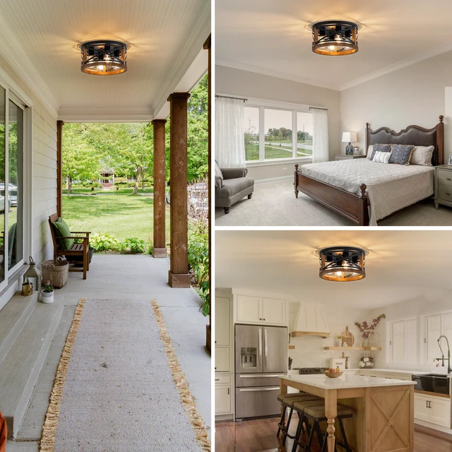 Alt view image 5 of 7 - Farmhouse Light Fixtures, 4-Light Round Flush Mount Ceiling Light with Wood and Metal Frame, Black Rustic Ceiling Light for Hallway, Entryway, Bedroom, Kitchen