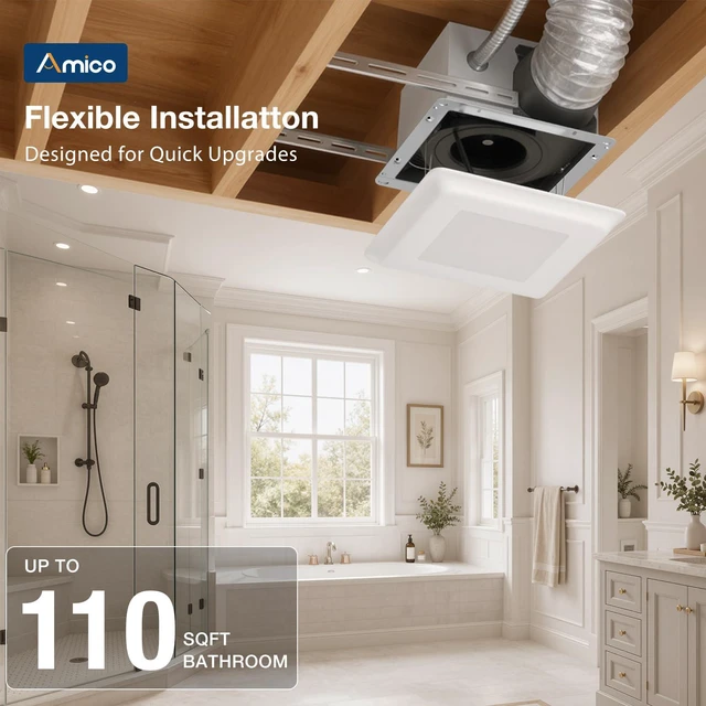 Alt view image 7 of 7 - Bathroom Exhaust Fan with Light, 110 CFM, 1.0 Sones, 5CCT, 1000LM Easy Install, Ceiling Opening 9.4'' x 9.4'', Ceiling Mount Shower Bathroom Fan, Household Ventilation Fan, ETL & FCC