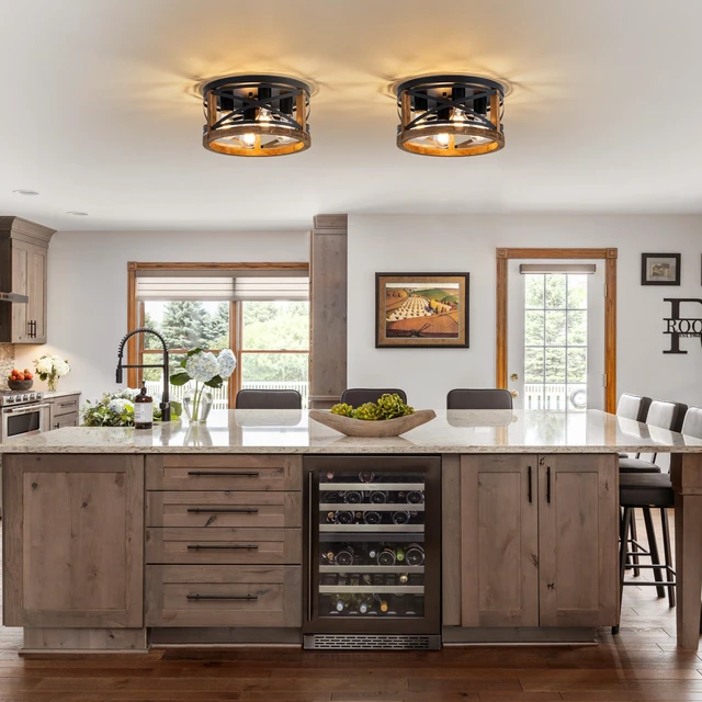 Alt view image 6 of 7 - Farmhouse Light Fixtures, 4-Light Round Flush Mount Ceiling Light with Wood and Metal Frame, Black Rustic Ceiling Light for Hallway, Entryway, Bedroom, Kitchen
