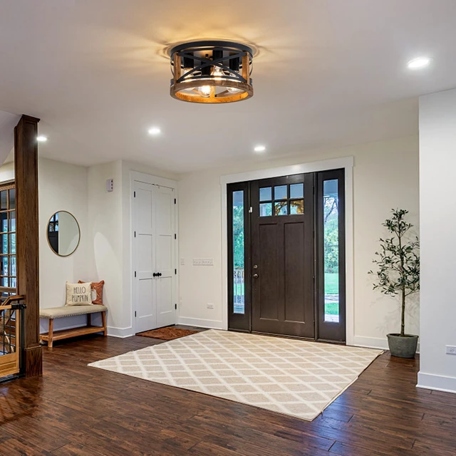 Alt view image 7 of 7 - Farmhouse Light Fixtures, 4-Light Round Flush Mount Ceiling Light with Wood and Metal Frame, Black Rustic Ceiling Light for Hallway, Entryway, Bedroom, Kitchen